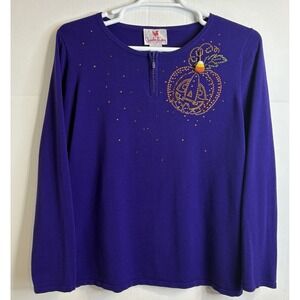 Quacker‎ Factory Sweater Women's Sz L Pumpkin Halloween Purple Candy Corn Accent